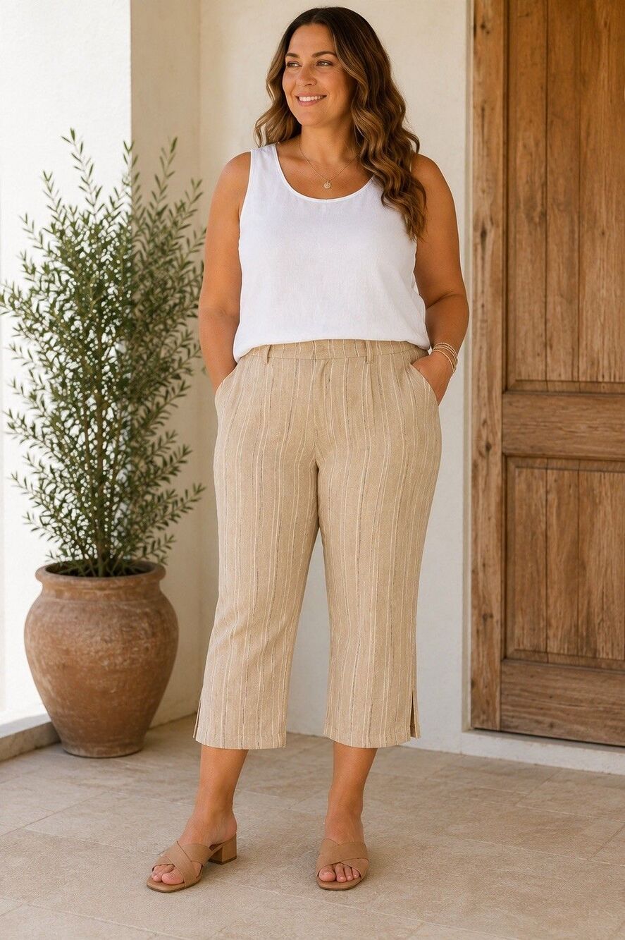 J. Jill Linen Blend Crop Pants Women's 2X Tan Striped Pull On Summer Capris